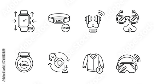 Collection of hand drawn style icons representing modern technology and lifestyle accessories vector