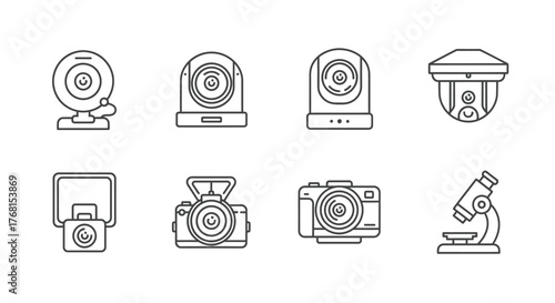 Set of hand drawn line art icons representing various cameras and imaging devices vector