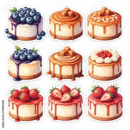 Delicious Assortment of Individual Cheesecakes with Fruit and Caramel Toppings Sticker Set