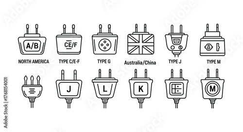 Collection of hand drawn electrical power plugs and sockets from around the world illustrated vector