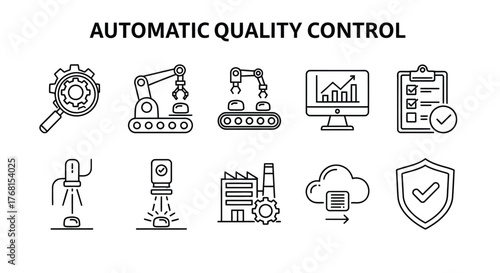 Automatic quality control icons set representing industrial manufacturing and data analysis processes vector