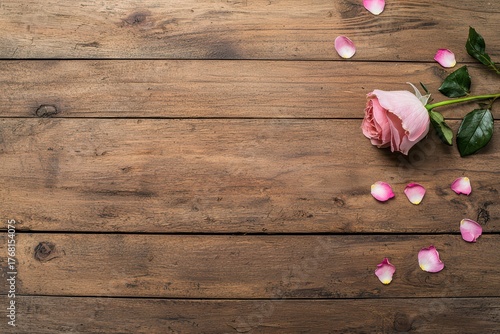 Delicate pink rose with petals on rustic wooden background, perfect for romance, love, and wedding themes in photography