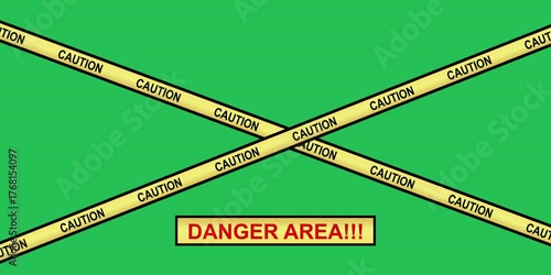 Animated caution tape footage crossing over a green screen background with flashing red Danger Area text, ideal for alert videos or security warnings. 4k resolution 