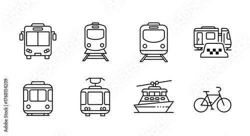 Collection of public transportation icons featuring bus tram train taxi ferry and bicycle designs vector