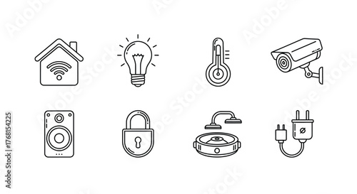 Smart home technology icons featuring security camera lightbulb thermometer speaker lock vector