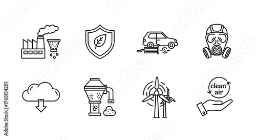 Clean energy and environmental protection icons featuring renewable resources pollution control and safety vector