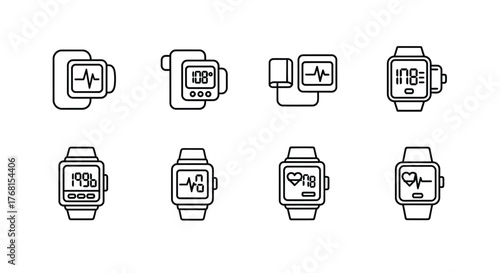 Modern smartwatch icons featuring health monitoring heart rate and digital displays vector