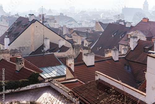 Photography View of the Old Prague areas from the top in misty morning