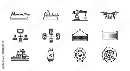 Modern logistics and supply chain icons representing shipping warehousing and technology vector