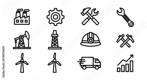 Industrial and engineering icons set featuring factory gears tools windmills truck and graph for construction and energy vector