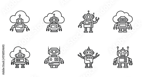 Cute cartoon robots with cloud computing symbol technology concepts set vector