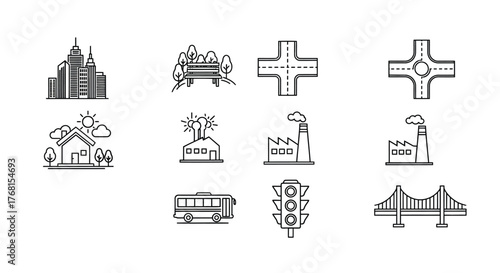 Collection of urban and industrial icons representing city landmarks and infrastructure elements vector