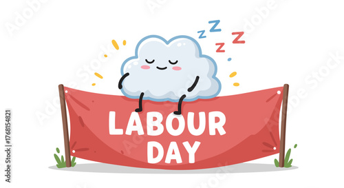 Cute sleeping cloud cartoon character on Labour Day banner.