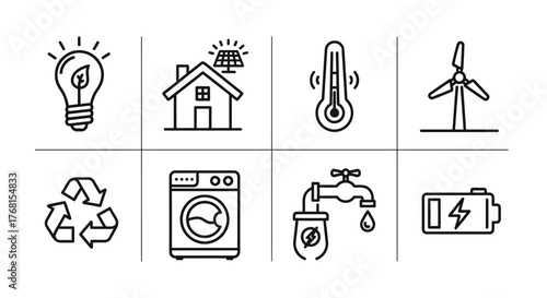 Doodle style icons representing smart home technology sustainable energy and efficiency concepts vector