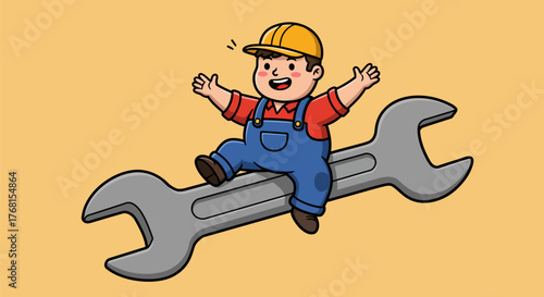 Happy Cartoon Worker Sitting on a Large Wrench.