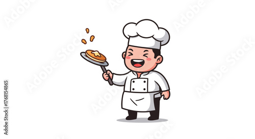 Happy cartoon chef flipping pancakes with a spatula.