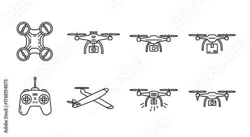 Collection of drone and aircraft line art icons for technology and aerial photography concepts vector