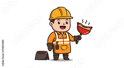 Happy Construction Worker Grilling Sausage.