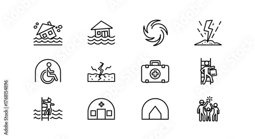 Set of 12 disaster and emergency icons representing natural calamities and support services vector