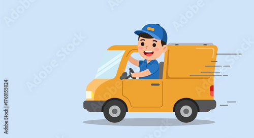 Smiling Delivery Driver in Yellow Van Speeding on a Light Blue Background.