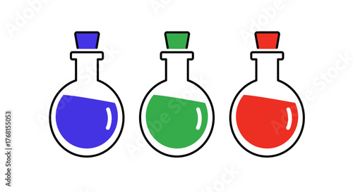 Three colorful potion bottles with corks on a white background.