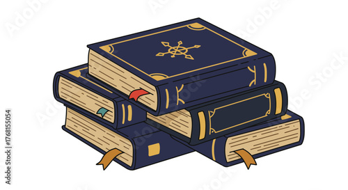 Stack of old books with ornate covers and bookmarks.