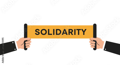 Two hands holding a banner with the word SOLIDARITY written on it, symbolizing unity and support.