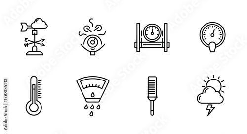 Collection of weather icons meteorological symbols including thermometer anemometer barometer and clouds vector