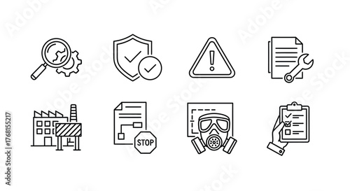 Set of hand drawn icons representing safety compliance and industrial operations vector
