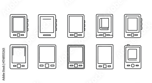 Collection of ten sketchy outline icons representing early mobile devices and pdas vector