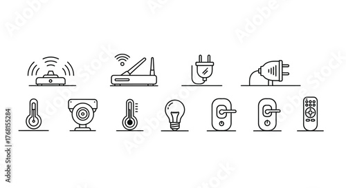 Collection of smart home device icons showing security and connectivity for modern living vector