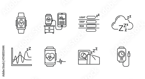 Digital health monitoring icons set smartwatch sleep tracking medical chart connected devices and wellness gadgets vector