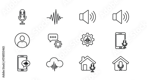 Collection of clean outline icons representing audio technology smart home and user interface elements vector