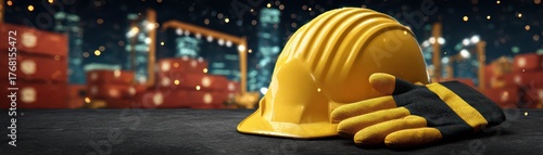 Bright yellow safety helmet and gloves on dark surface with blurred construction background and bokeh effect in urban setting