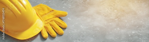 Bright yellow hard hat and safety gloves on a concrete surface for construction site safety and protection