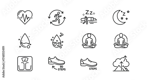 Hand drawn icons representing health wellness fitness and lifestyle concepts artistic sketches set vector