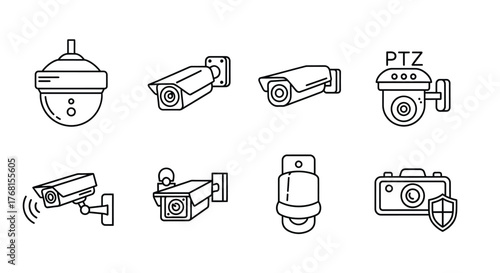 Collection of diverse security camera icons and symbols for surveillance technology vector