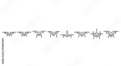 Collection of drone silhouettes showing different models and flying angles for technology concepts vector