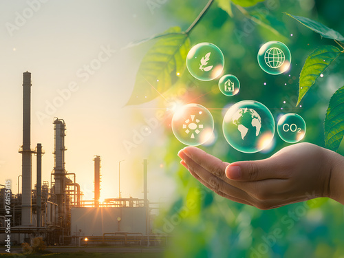 climate action graphic with earth bubble, co2 icon, and green leaves representing eco-friendly manufacturing
