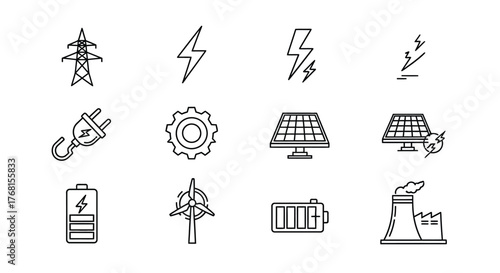 Set of 12 hand drawn icons representing renewable energy and power generation concepts vector