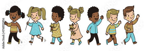 Diverse Group of Happy Children Walking - Inclusive Kids Illustration for Education & Play