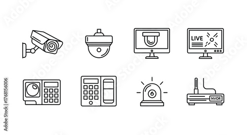 Home security system icons surveillance cameras dvr alarm siren and keypad for safety and protection vector