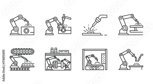 Set of industrial robot arm icons for automated manufacturing and factory automation processes vector
