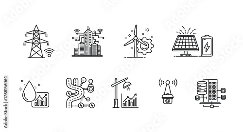 Set of hand-drawn icons representing renewable energy sources and power distribution vector
