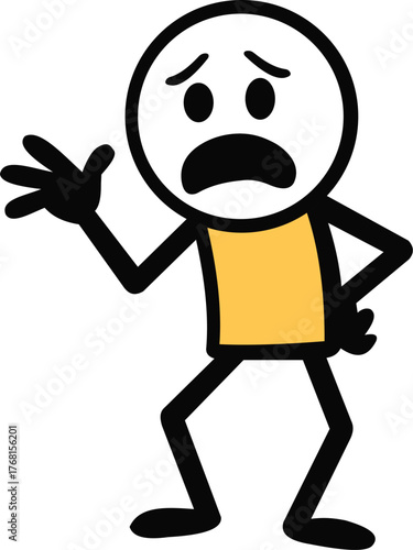 Funny upset cartoon stick figure character vector with distressed facial expression 