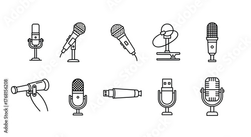 Collection of diverse hand-drawn microphones for audio recording broadcast and performance vector