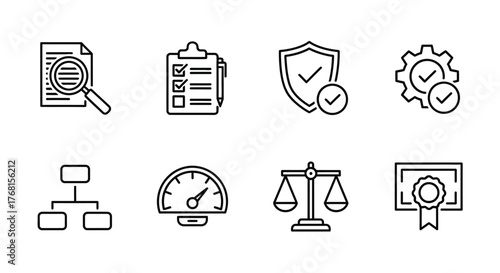 Hand drawn icons representing quality assurance compliance audit security and success metrics vector