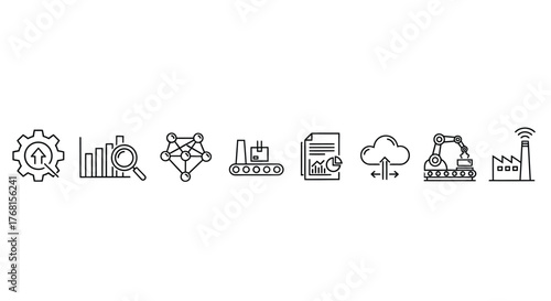 Collection of thin line icons representing industrial automation technology and data analytics vector