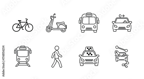 Set of hand drawn transportation icons featuring bicycle scooter bus car pedestrian and taxi elements vector