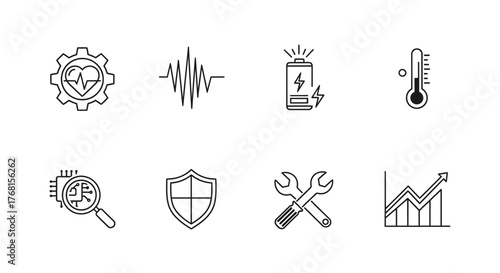 Set of abstract icons representing technology security analytics and data management concepts vector